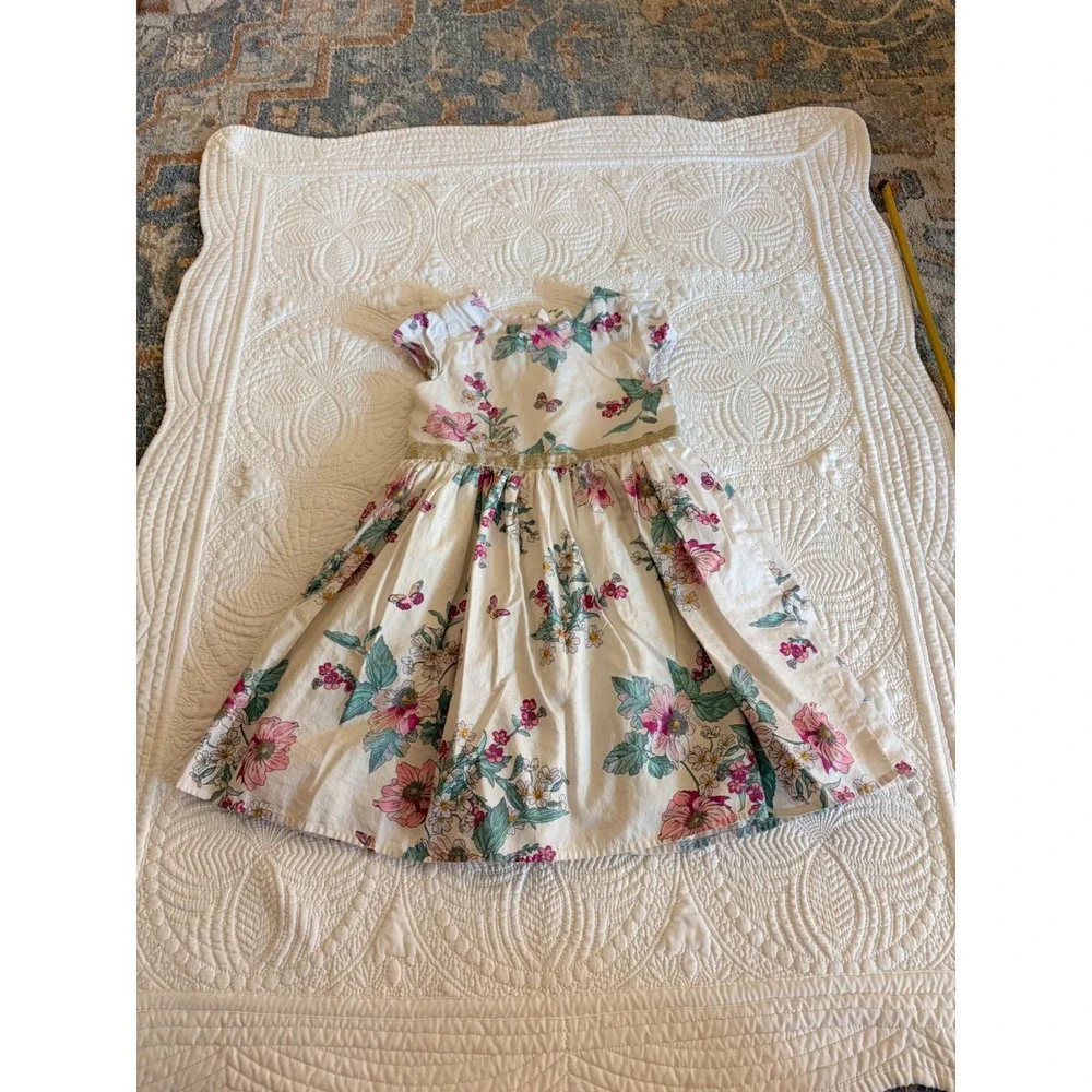 OshKosh B'gosh Little Girls Floral Butterfly Dress Size 6/6X White Pink Green